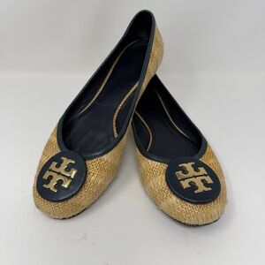 Tory Burch Reva Natural Straw Woven Raffia Ballet Flats Blue Size 9.5